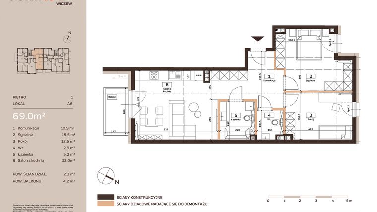 Rzut - Mieszkanie na sprzedaż 3 pokoje o powierzchni 69 m² - numer A6 w Domkove Widzew