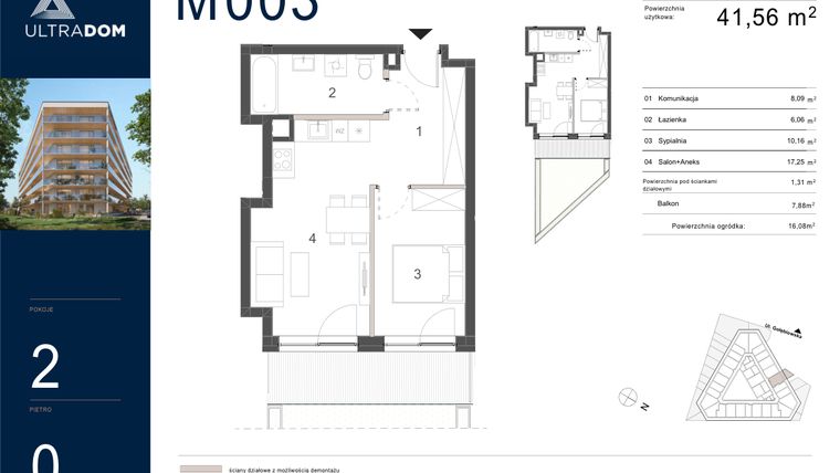 Rzut - Mieszkanie na sprzedaż 2 pokoje o powierzchni 42,87 m² - numer M003 w Ultradom
