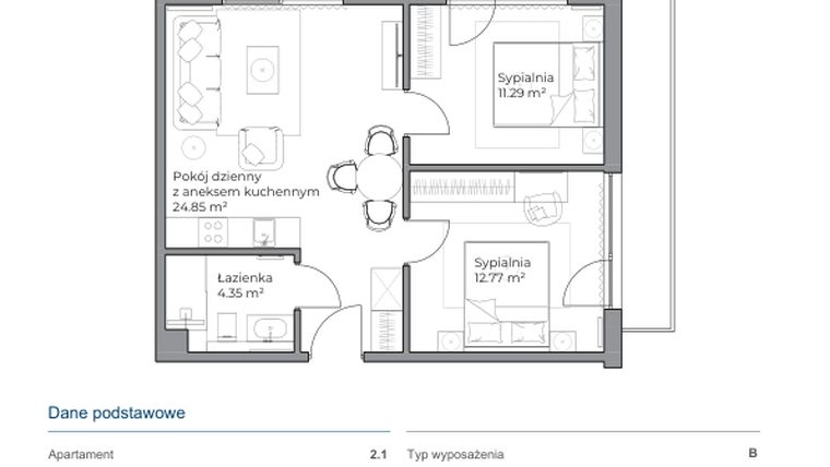 Rzut - Mieszkanie na sprzedaż 3 pokoje o powierzchni 53,09 m² - numer B.2.1 w Anchoria Holiday