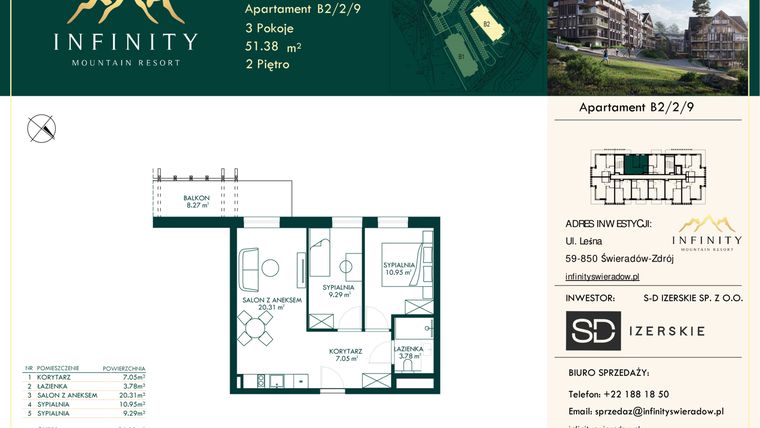 Rzut - Mieszkanie na sprzedaż 3 pokoje o powierzchni 51,38 m² - numer B2.2.9 w Infinity Mountain Resort
