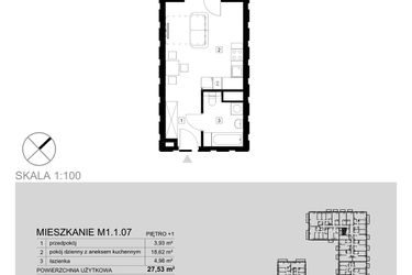 Rzut - Mieszkanie na sprzedaż 1 pokój o powierzchni 27,53 m² - numer M1.1.07 w Modern Helenów