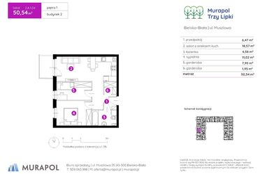 Rzut - Mieszkanie na sprzedaż 2 pokoje o powierzchni 50,54 m² - numer 2.A.1.04 w Murapol Trzy Lipki etap II