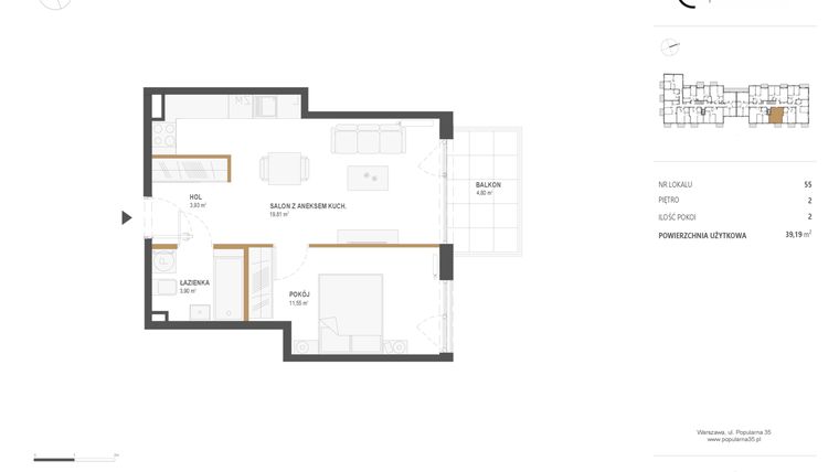 Rzut - Mieszkanie na sprzedaż 2 pokoje o powierzchni 39,19 m² - numer M.55 w Popularna 35