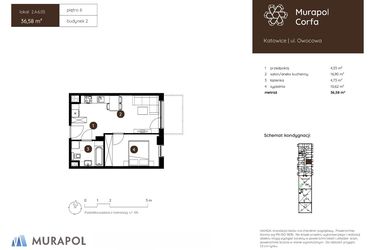 Rzut - Mieszkanie na sprzedaż 2 pokoje o powierzchni 36,58 m² - numer 2.A.6.05 w Murapol Corfa