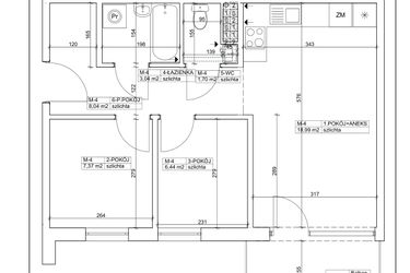 Rzut - Mieszkanie na sprzedaż 3 pokoje o powierzchni 45,58 m² - numer 4 w Bydgoska 19