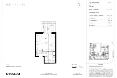 Rzut - Mieszkanie na sprzedaż 1 pokój o powierzchni 30,79 m² - numer A/1/02 w Wielka 16