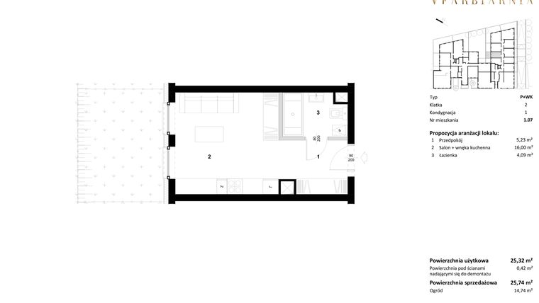 Rzut - Mieszkanie na sprzedaż 1 pokój o powierzchni 25,74 m² - numer 1.07 w Stara Farbiarnia