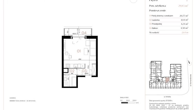Rzut - Mieszkanie na sprzedaż 1 pokój o powierzchni 29,85 m² - numer B/2/11 w Wielka 16