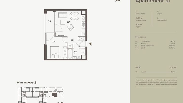 Rzut - Mieszkanie na sprzedaż 2 pokoje o powierzchni 41,63 m² - numer 31 w Monument