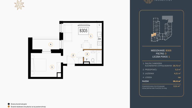 Rzut - Mieszkanie na sprzedaż 1 pokój o powierzchni 39,11 m² - numer B.305 w Rezydencja Śródmiejska