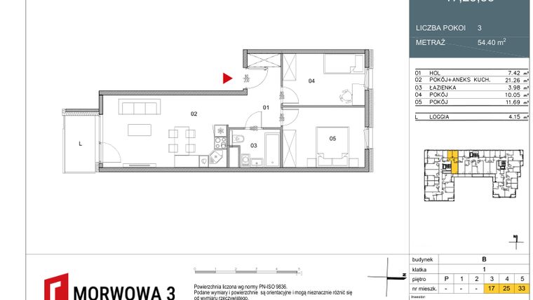 Rzut - Mieszkanie na sprzedaż 3 pokoje o powierzchni 54,4 m² - numer 25 w Morwowa 3