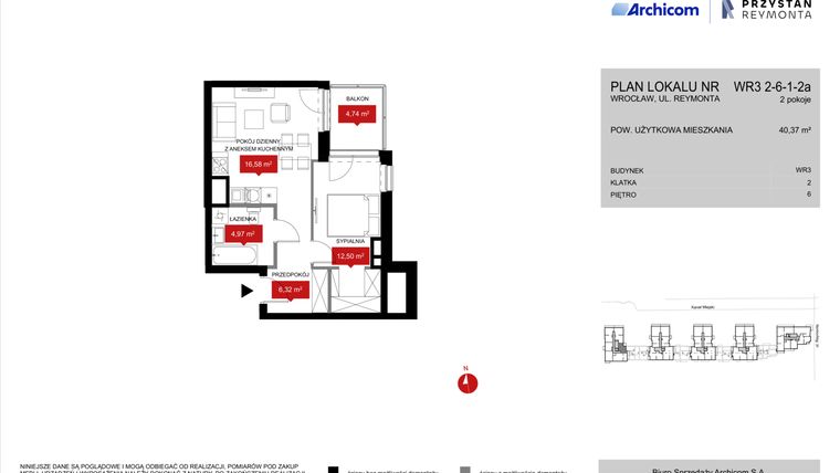 Rzut - Mieszkanie na sprzedaż 2 pokoje o powierzchni 40,37 m² - numer WR3 2/6/1/2a w Przystań Reymonta etap II