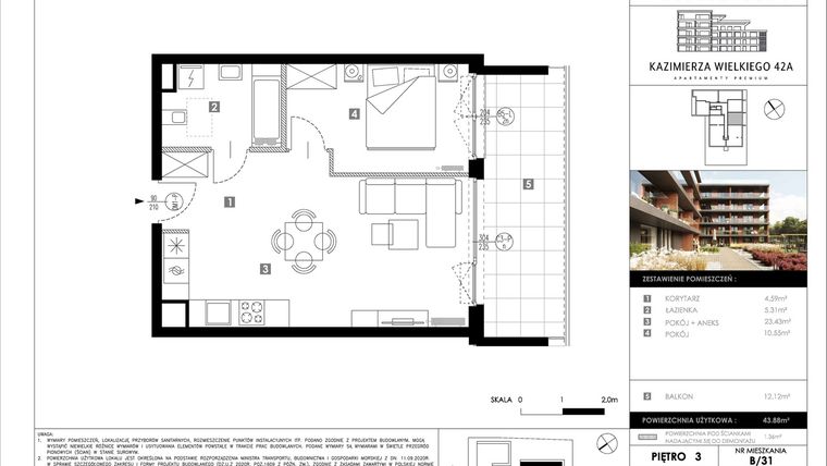Rzut - Mieszkanie na sprzedaż 2 pokoje o powierzchni 43,88 m² - numer B31 w Kazimierza Wielkiego 42A etap II