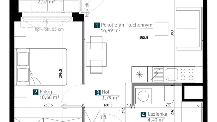 Rzut - Mieszkanie na sprzedaż 2 pokoje o powierzchni 35,84 m² - numer AA0209 w M Bemowo 3