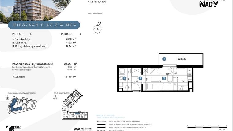 Rzut - Mieszkanie na sprzedaż 1 pokój o powierzchni 25,22 m² - numer A2.3.4.M24 w Nowe Promenady