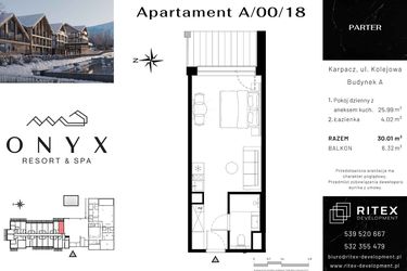 Rzut - Mieszkanie na sprzedaż 1 pokój o powierzchni 30,01 m² - numer 00.A18 w Onyx Resort & Spa