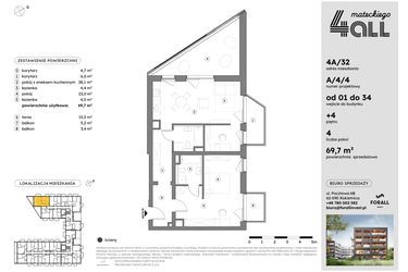Rzut - Mieszkanie na sprzedaż 2 pokoje o powierzchni 69,6 m² - numer A/4/4 w Osiedle Mateckiego 4ALL