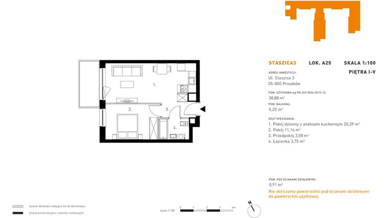 Rzut - Mieszkanie na sprzedaż 2 pokoje o powierzchni 38,99 m² - numer 5.A25 w Staszica 3