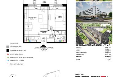 Rzut - Mieszkanie na sprzedaż 2 pokoje o powierzchni 46,06 m² - numer 4.31 w Apartamentowiec Zwycięska 3