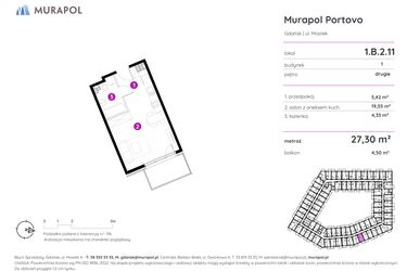 Rzut - Mieszkanie na sprzedaż 1 pokój o powierzchni 27,3 m² - numer 1.B.2.11 w Murapol Portovo etap II