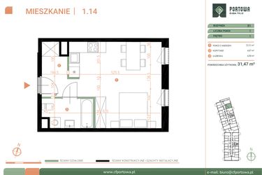 Rzut - Mieszkanie na sprzedaż 1 pokój o powierzchni 31,47 m² - numer M.01.14 w Casa Feliz Portowa II