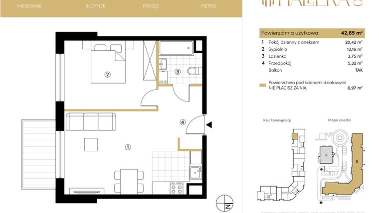 Rzut - Mieszkanie na sprzedaż 2 pokoje o powierzchni 42,62 m² - numer B.04.03 w Hallera 140
