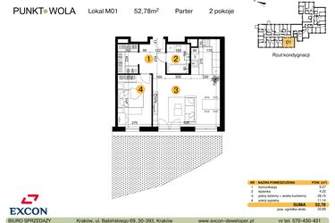 Rzut - Mieszkanie na sprzedaż 2 pokoje o powierzchni 52,78 m² - numer M01 w Punkt Wola