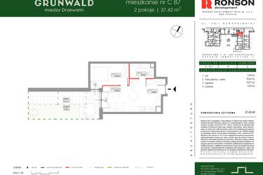 Rzut - Mieszkanie na sprzedaż 2 pokoje o powierzchni 37,42 m² - numer C087 w Grunwald Między Drzewami etap III