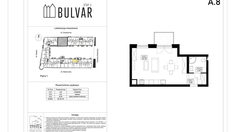 Rzut - Mieszkanie na sprzedaż 1 pokój o powierzchni 38,25 m² - numer A8 w Bulvar etap II