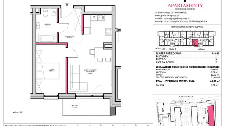 Rzut - Mieszkanie na sprzedaż 2 pokoje o powierzchni 44,66 m² - numer A.32 w Apartamenty Grójeckie Ogrody