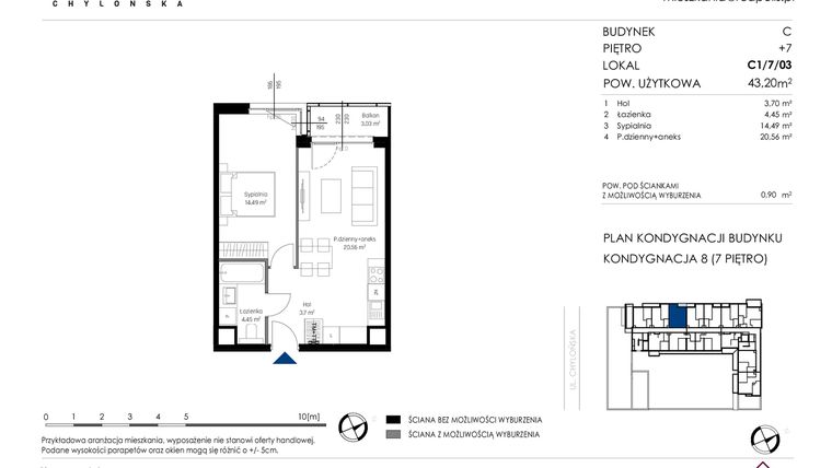 Rzut - Mieszkanie na sprzedaż 2 pokoje o powierzchni 43,2 m² - numer C1/7/03 w Chylońska STO10 etap III