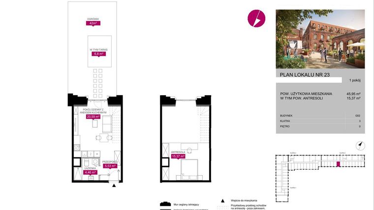 Rzut - Mieszkanie na sprzedaż 1 pokój o powierzchni 45,95 m² - numer G2.23 w Fuzja Lofty