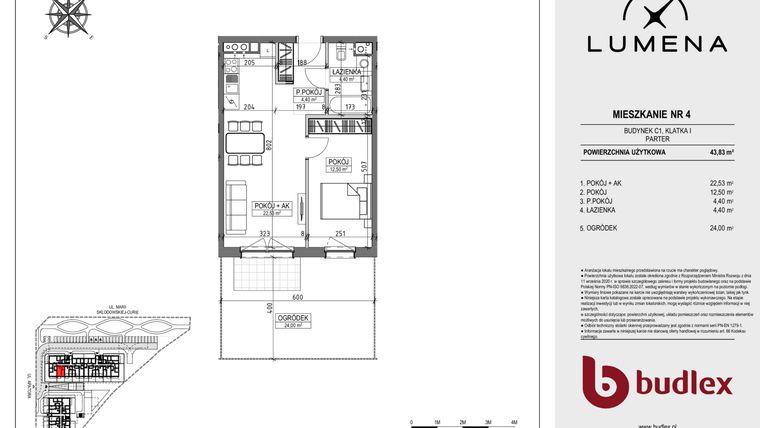 Rzut - Mieszkanie na sprzedaż 2 pokoje o powierzchni 43,83 m² - numer C1.04 w Lumena