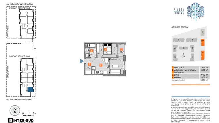 Rzut - Mieszkanie na sprzedaż 2 pokoje o powierzchni 36,96 m² - numer 86.18 w Piasta Towers bud. 86 i 86A