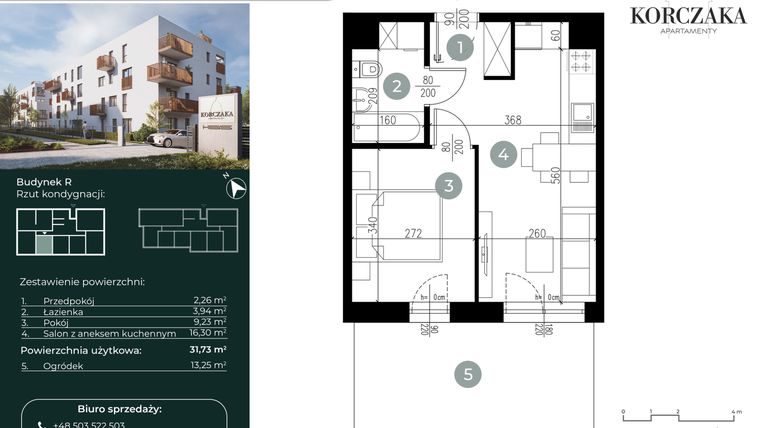 Rzut - Mieszkanie na sprzedaż 2 pokoje o powierzchni 31,73 m² - numer R.I.05 w Korczaka Apartamenty