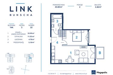 Rzut - Mieszkanie na sprzedaż 2 pokoje o powierzchni 43,6 m² - numer 14A.22 w LINK BUNSCHA