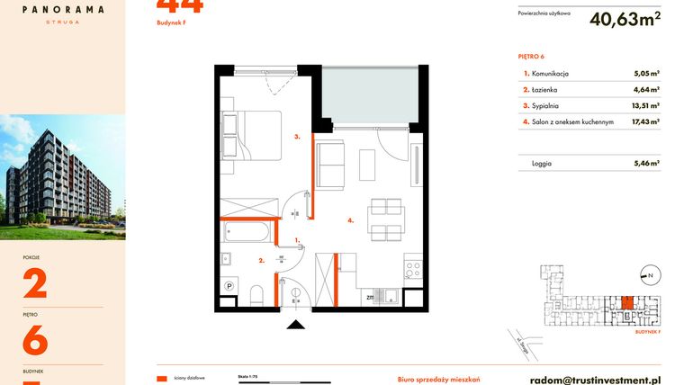 Rzut - Mieszkanie na sprzedaż 2 pokoje o powierzchni 40,63 m² - numer F44 w Panorama Struga