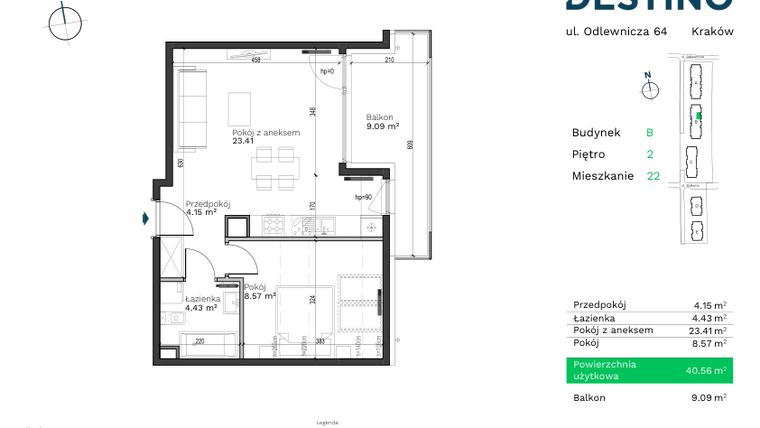 Rzut - Mieszkanie na sprzedaż 2 pokoje o powierzchni 40,56 m² - numer B-22 w Destino