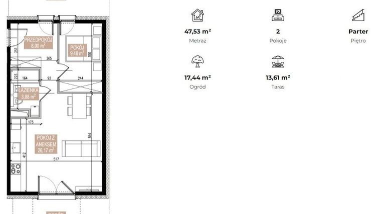 Rzut - Mieszkanie na sprzedaż 2 pokoje o powierzchni 46,48 m² - numer SWA/1/08/A w Apartamenty Świeradowska
