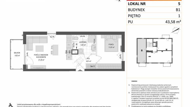 Rzut - Mieszkanie na sprzedaż 2 pokoje o powierzchni 43,58 m² - numer B1.5 w Gdańskie Zacisze