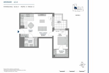 Rzut - Mieszkanie na sprzedaż 2 pokoje o powierzchni 50,96 m² - numer A.3.4 w Linea bud. A