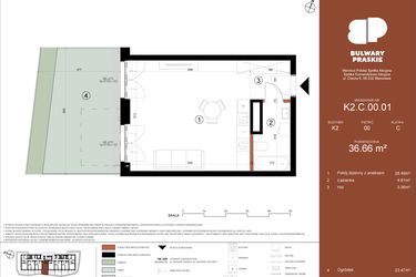 Rzut - Mieszkanie na sprzedaż 1 pokój o powierzchni 36,66 m² - numer K2.C.00.01 w Bulwary Praskie etap K i L