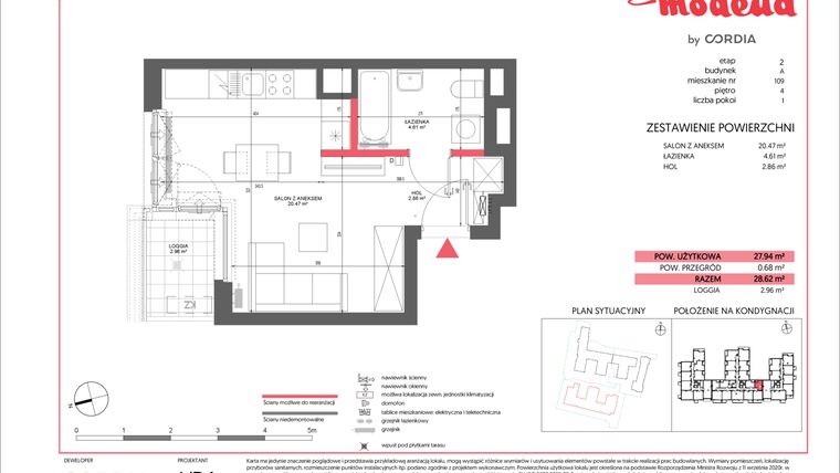 Rzut - Mieszkanie na sprzedaż 1 pokój o powierzchni 27,94 m² - numer A.109 w Modena II