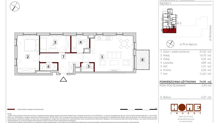 Rzut - Mieszkanie na sprzedaż 3 pokoje o powierzchni 74,95 m² - numer B46 w Apartamenty Przy Agorze 6