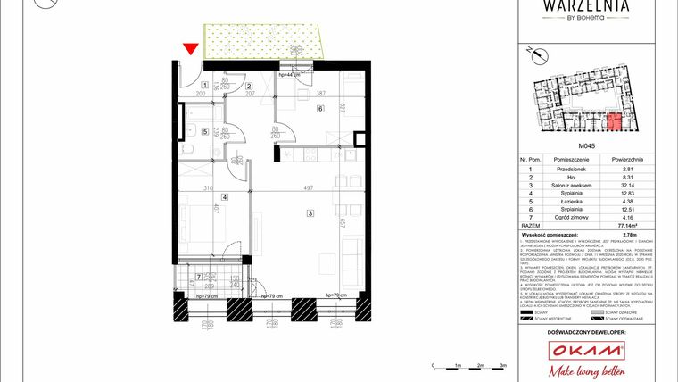 Rzut - Mieszkanie na sprzedaż 3 pokoje o powierzchni 73,49 m² - numer M045 w Warzelnia by Bohema