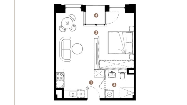 Rzut - Mieszkanie na sprzedaż 1 pokój o powierzchni 35,77 m² - numer E.01.04 w Apartamenty Reytana bud. E