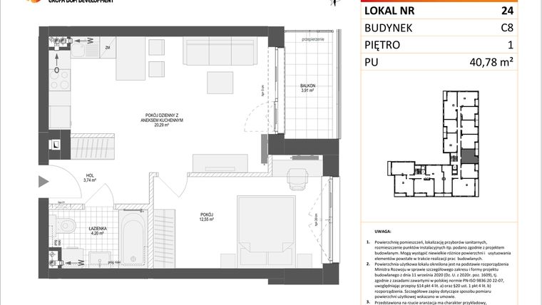 Rzut - Mieszkanie na sprzedaż 2 pokoje o powierzchni 40,78 m² - numer C8.24 w Konstelacja etap IV