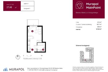 Rzut - Mieszkanie na sprzedaż 1 pokój o powierzchni 27,48 m² - numer 1.C.1.02 w Murapol MainPoint