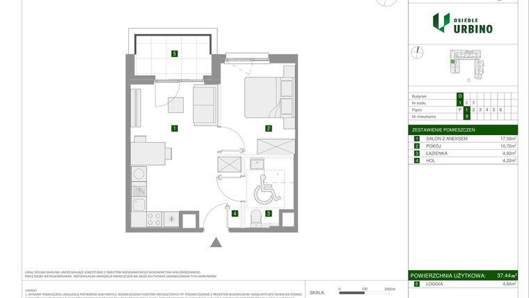 Rzut - Mieszkanie na sprzedaż 2 pokoje o powierzchni 37,44 m² - numer 9 w Osiedle Urbino etap 1.4