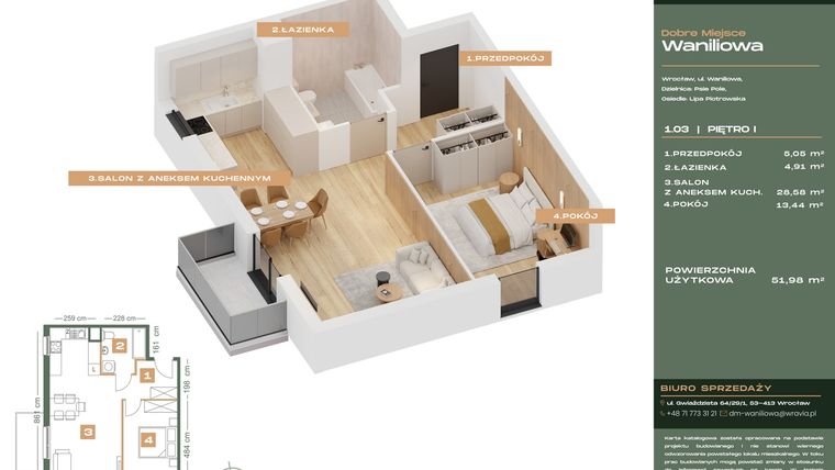 Rzut - Mieszkanie na sprzedaż 2 pokoje o powierzchni 51,98 m² - numer L.1-3 w Dobre Miejsce Waniliowa